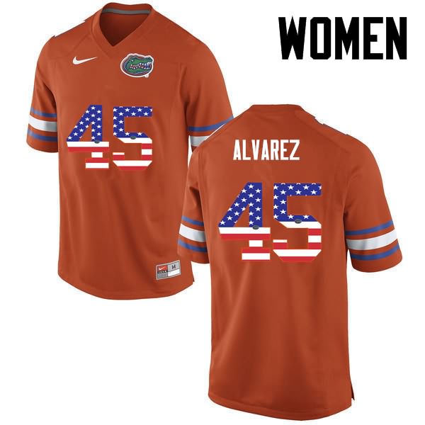 Women's NCAA Florida Gators Carlos Alvarez #45 Stitched Authentic USA Flag Fashion Nike Orange College Football Jersey GBC2165YA